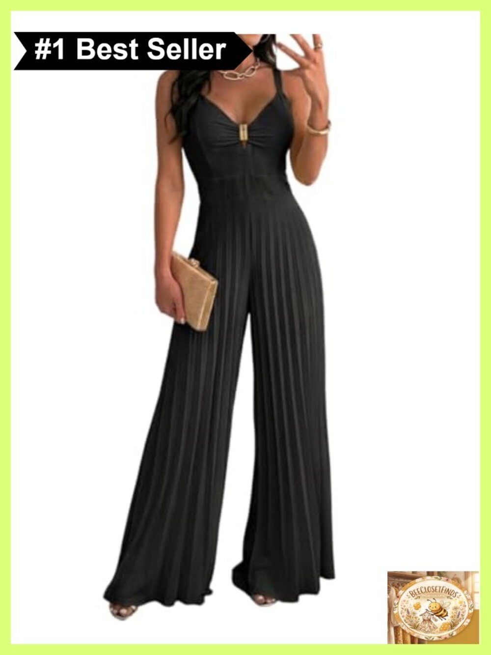 Sleeveless Deep V Sling Pleated Jumpsuit with Lining